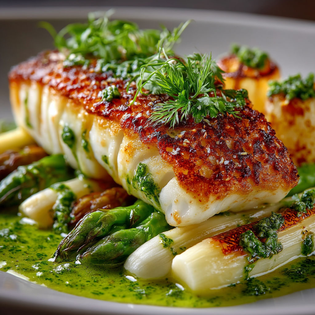 A plate of fish with green sauce and asparagus.