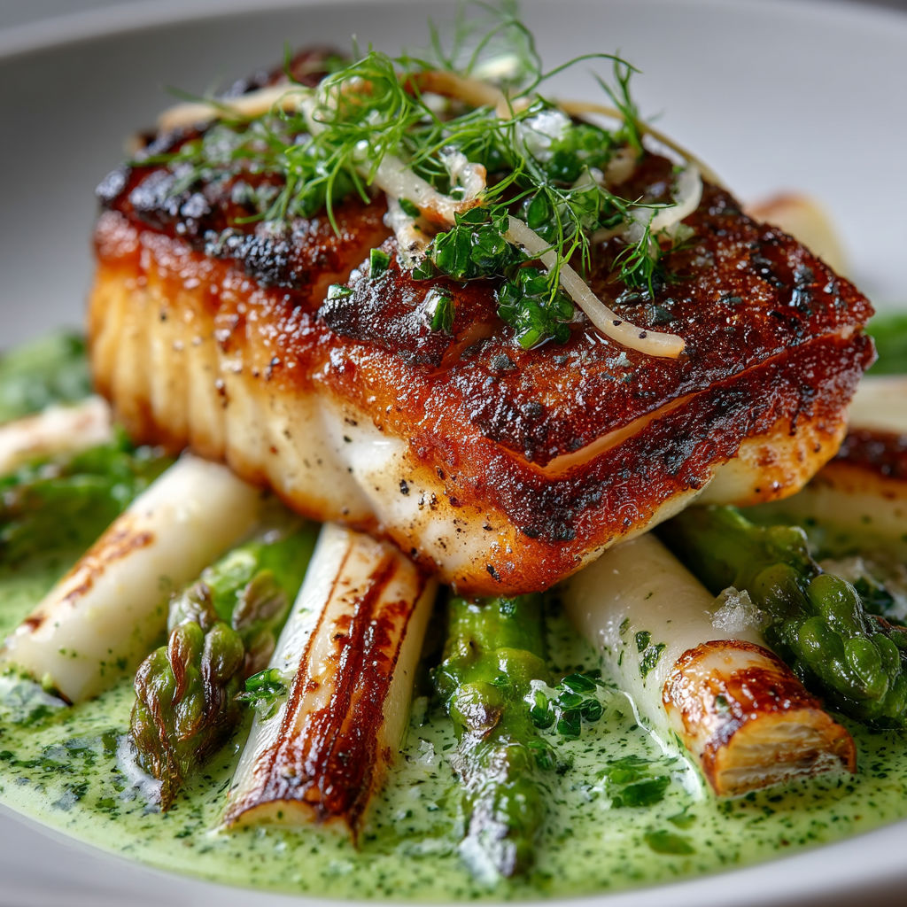 A plate of fish with green sauce and asparagus.