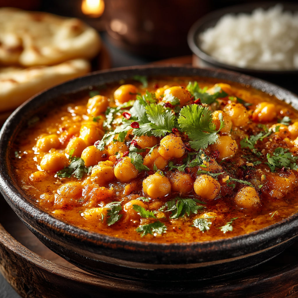 A bowl of curry with chickpeas.