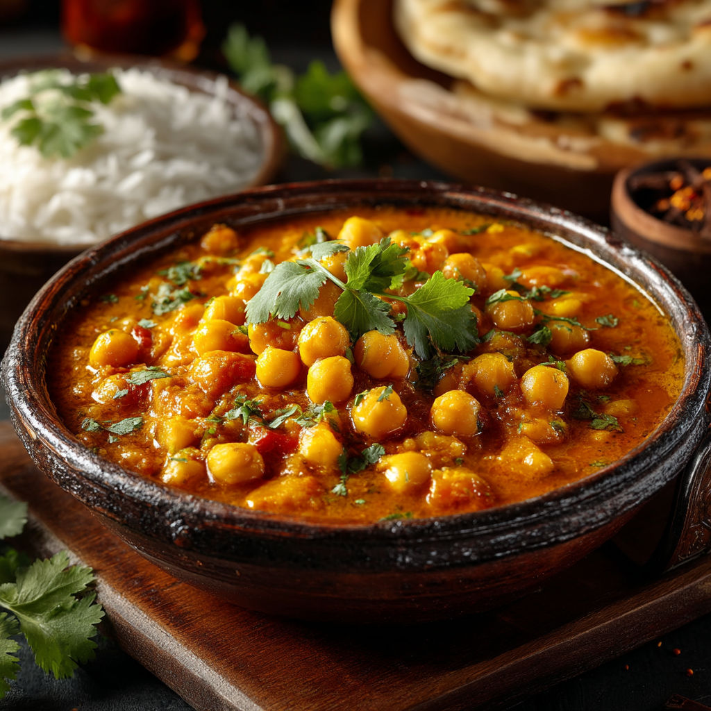 A bowl of curry with chickpeas.