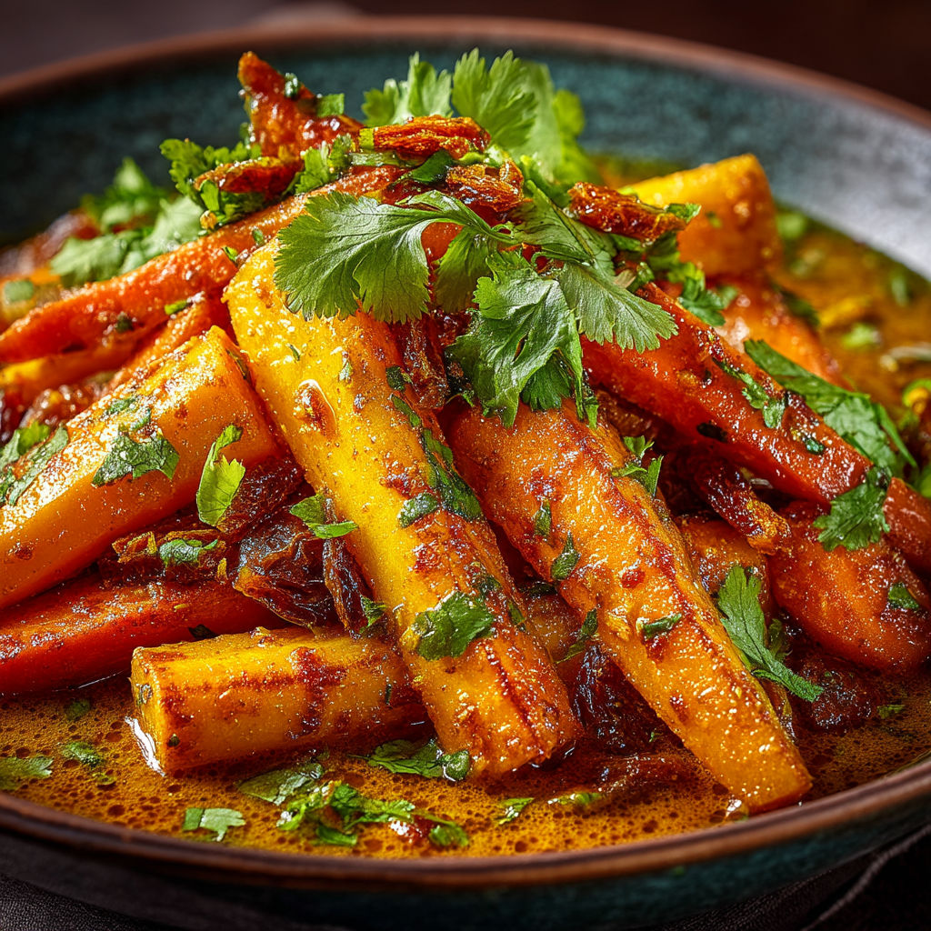 A bowl of curry with carrots and dates.