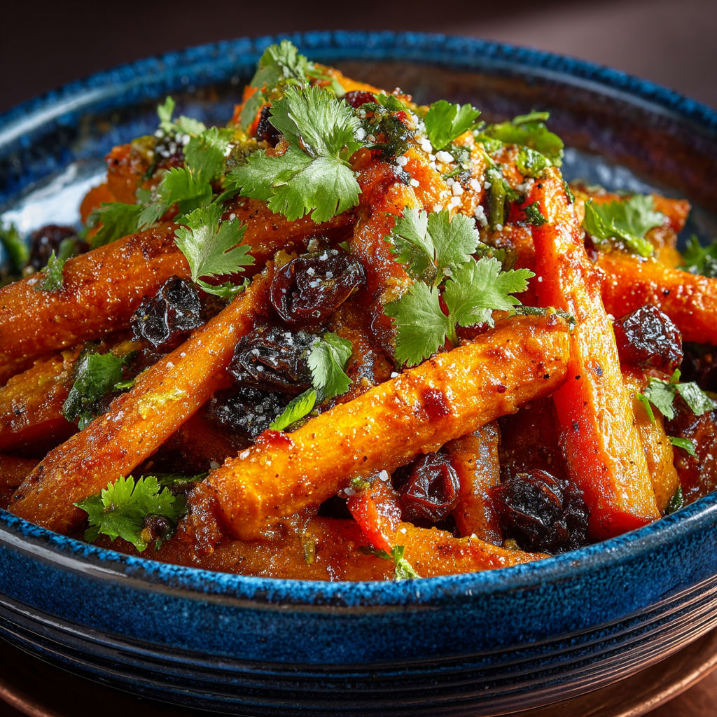 A plate of food with carrots and raisins.
