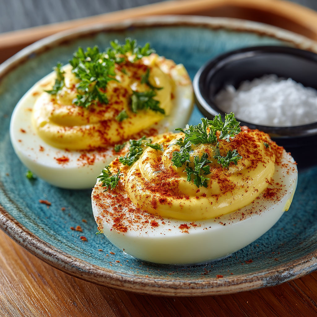 Two eggs with red peppers on top.