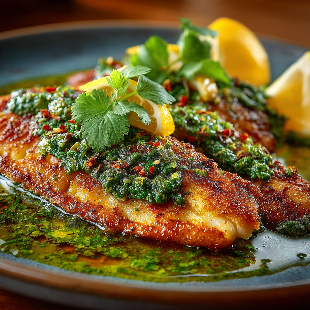 A plate of food with a lemon wedge and herbs on top.