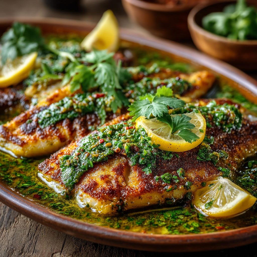 A plate of fish with lemon slices on top.