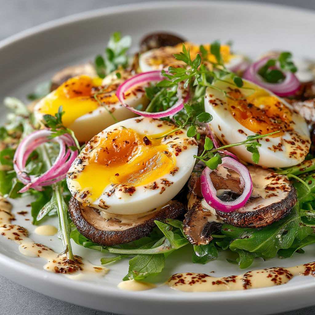 A plate of food with eggs, mushrooms, and greens.