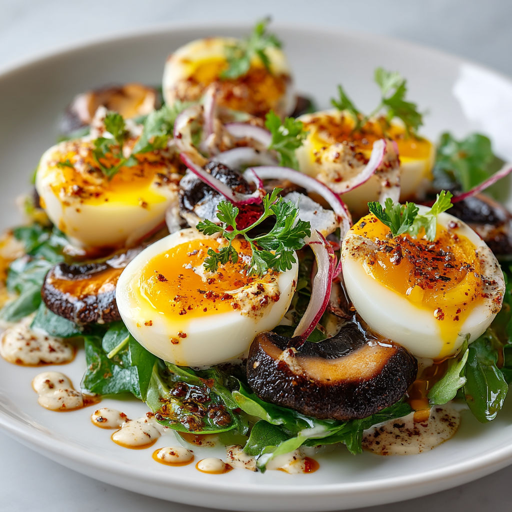 A plate of food with eggs, onions, and mushrooms.