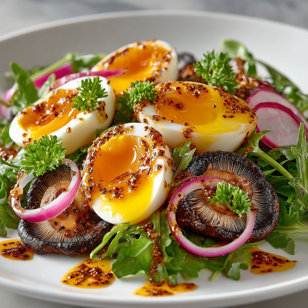 A plate of food with eggs, onions, and mushrooms.