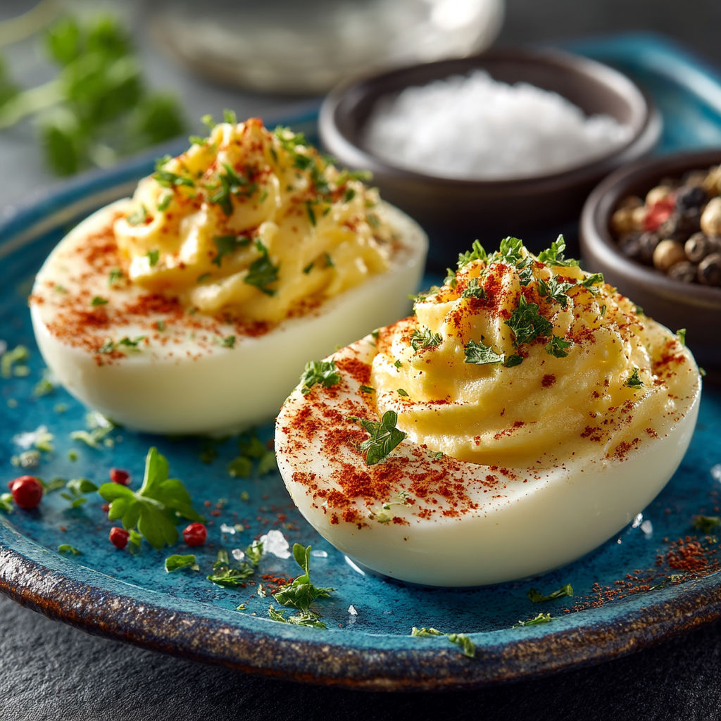 Two eggs with red pepper and spices on top.