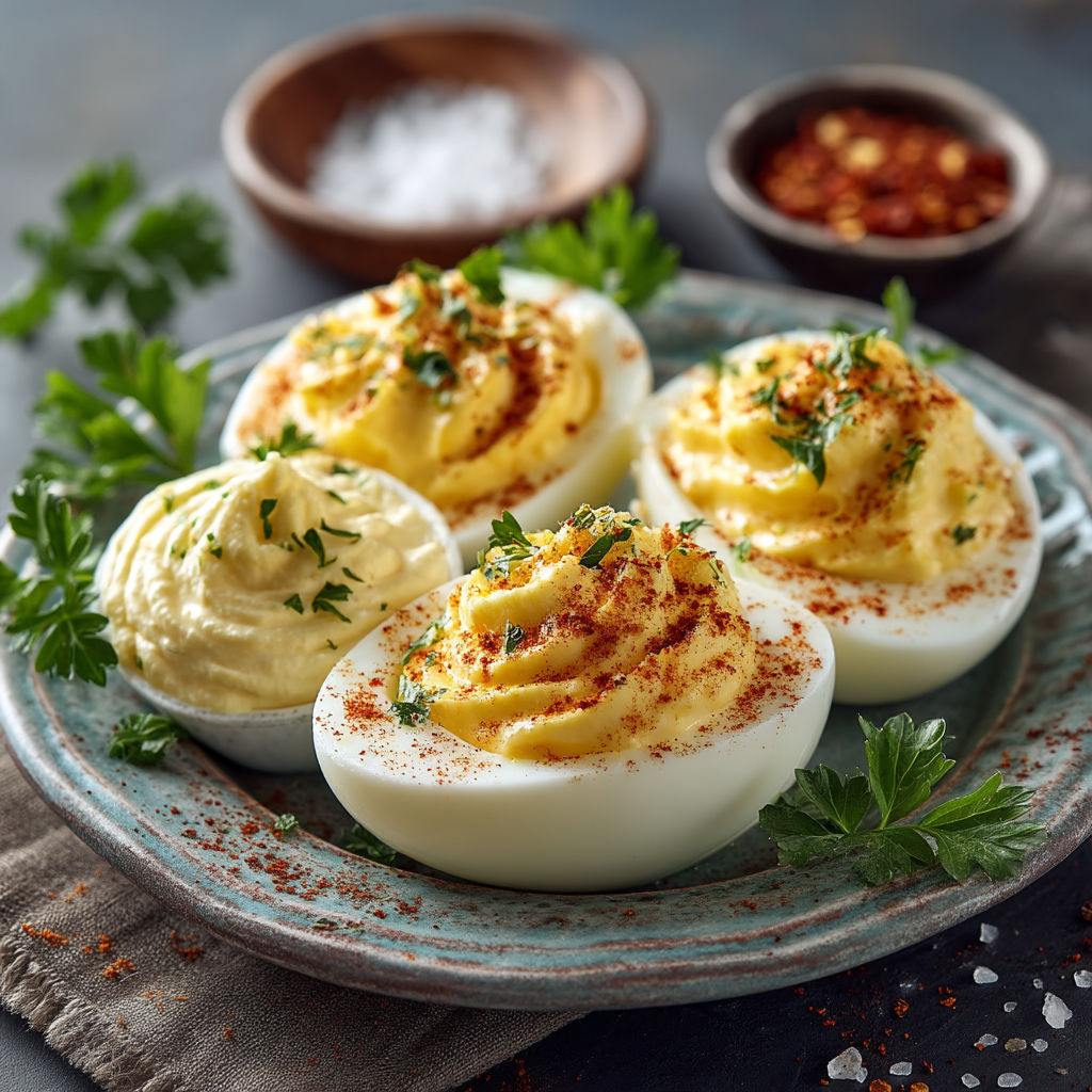 Four eggs with sauce on top.