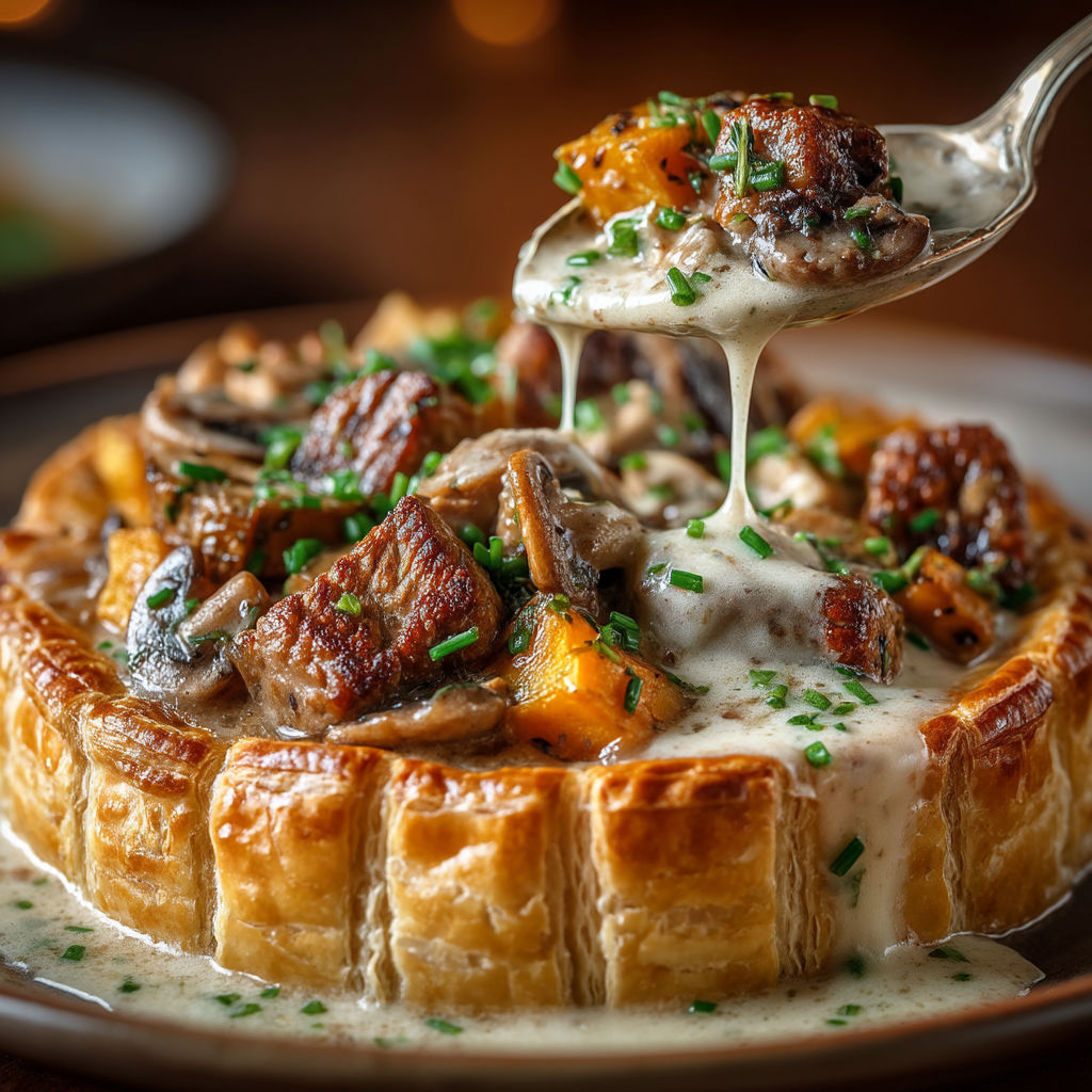 A delicious looking dessert with mushrooms and cheese.