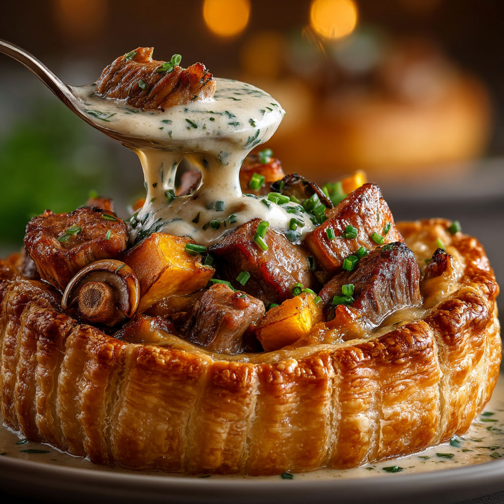 A delicious looking pastry with meat and sauce.