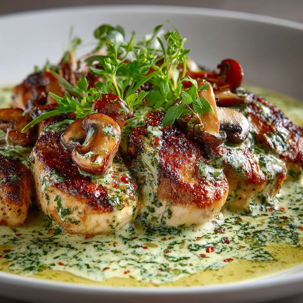 A plate of food with mushrooms and herbs on it.