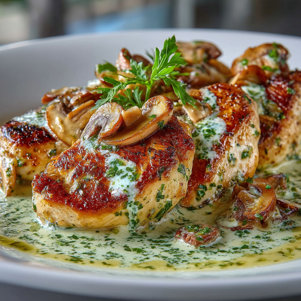 Chicken with mushrooms and basil.