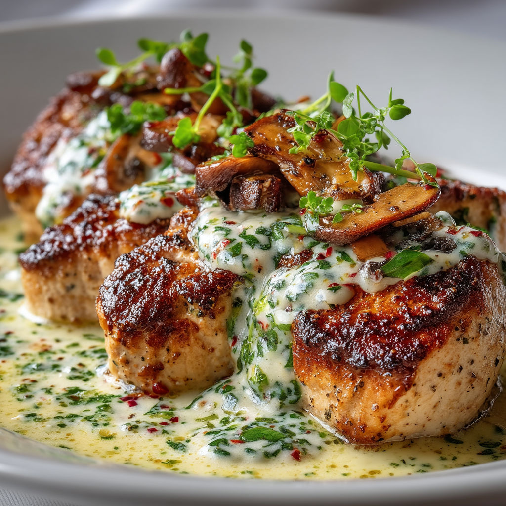 A plate of food with mushrooms on top.