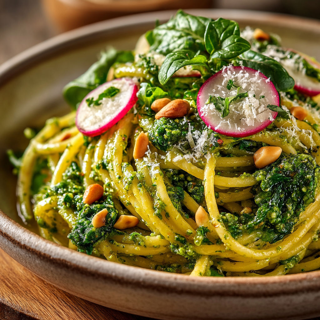 Spaghetti sauce with pesto and radish leaves.