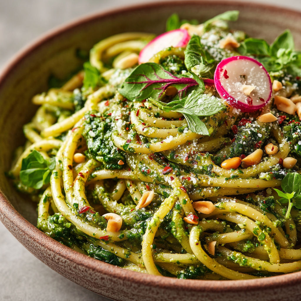 Une salade de spaghetti avec des légumes verts et des noix.