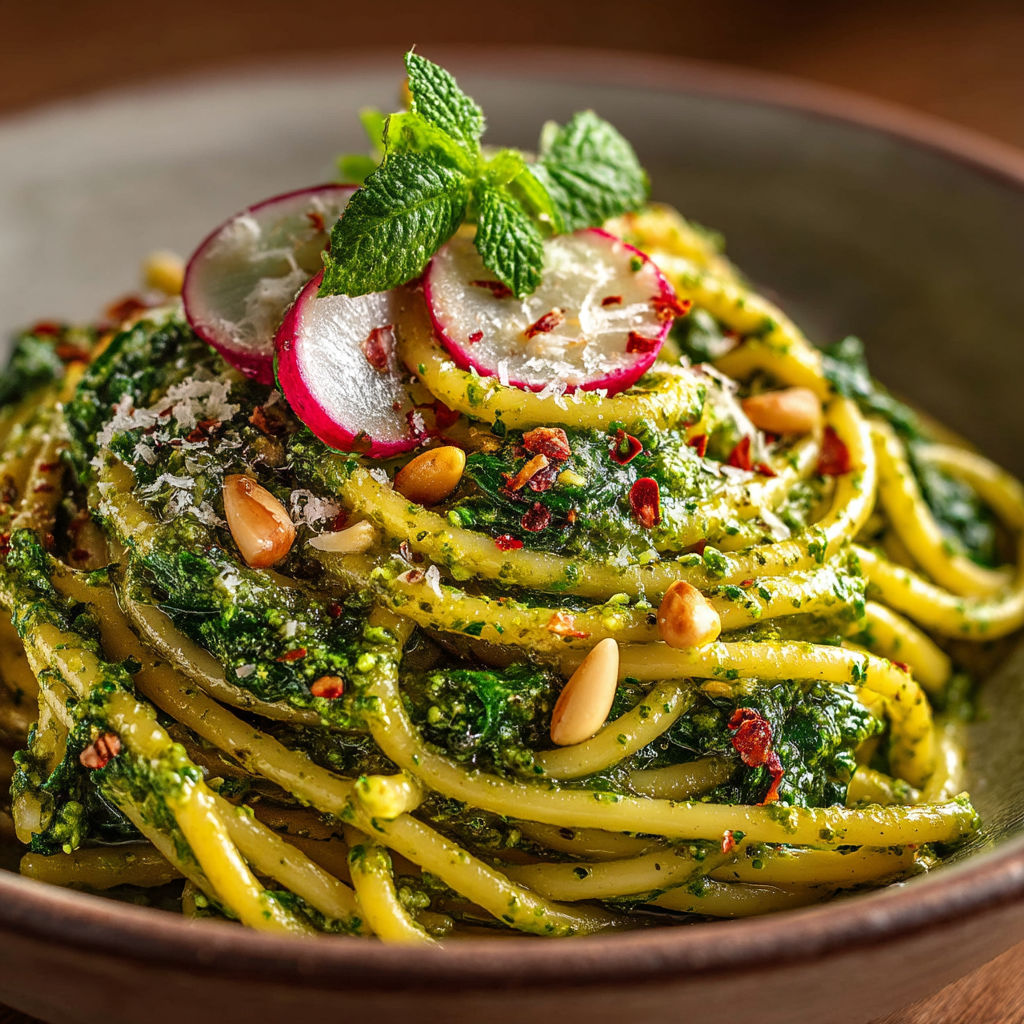 Une assiette de spaghetti avec des légumes verts et des herbes.