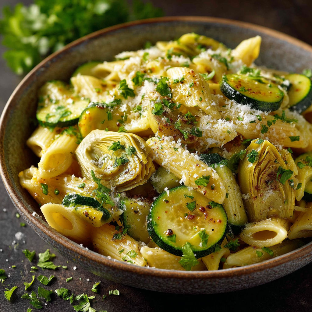 Une assiette de spaghetti avec des légumes verts.