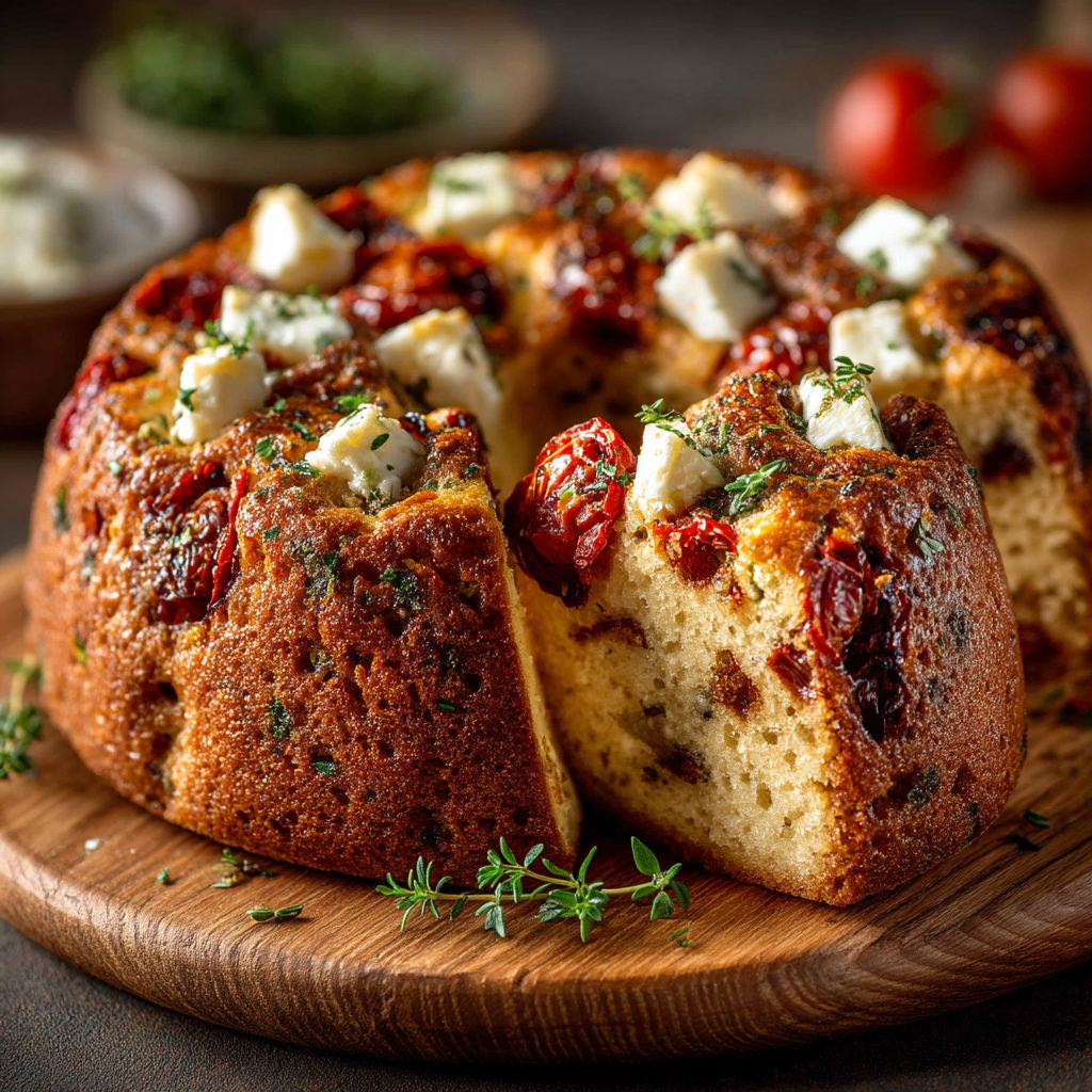 Un gâteau au chèvre et à la tomate sur un plateau.