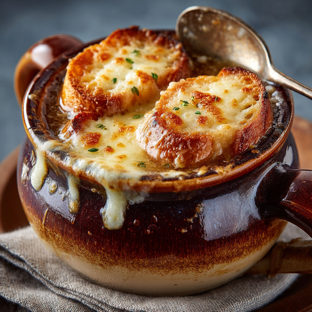 Une tasse de soupes avec des tranches de pain grillé.