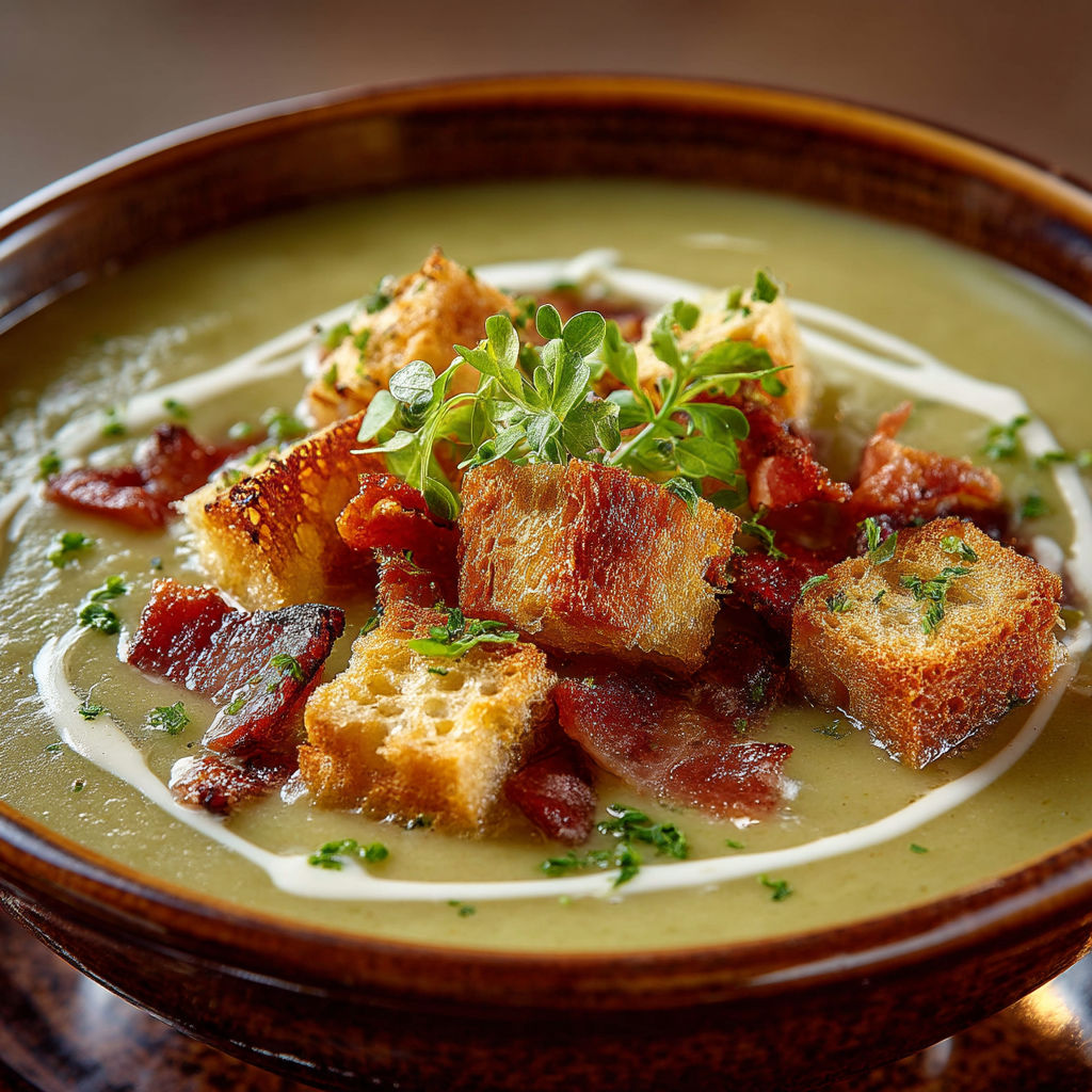 Une soupe Saint-Germain avec des croûtes de pain et des herbes.