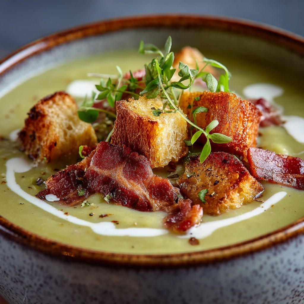 Une soupe chaude avec des tranches de pain grillé, des herbes et des légumes.