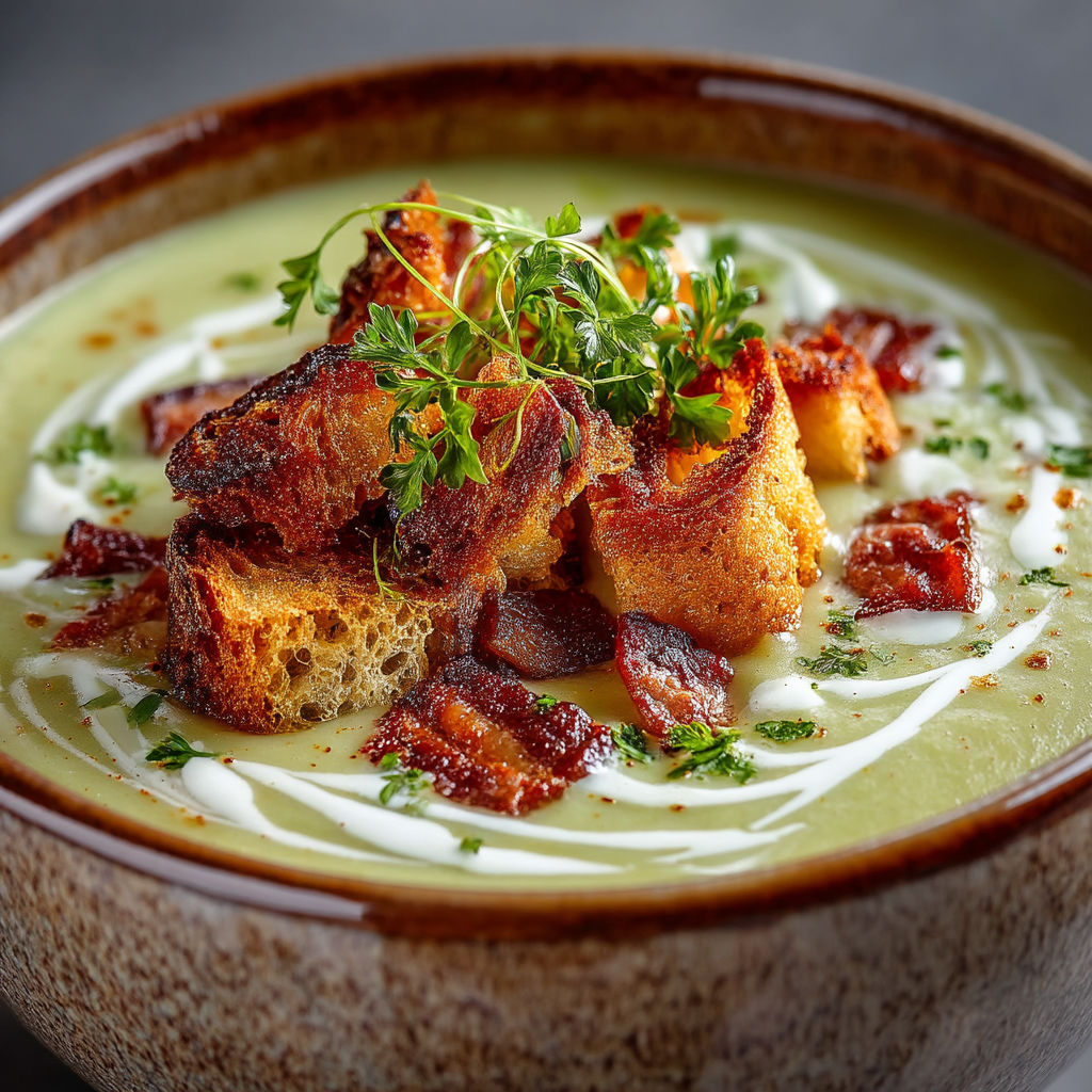 Une soupe avec des bacon et des herbes.