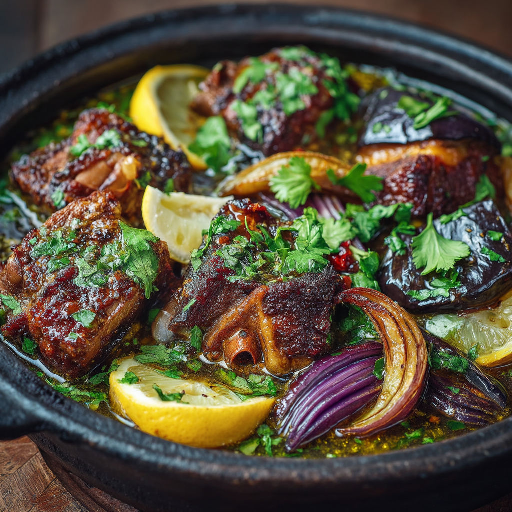 Une casserole de viande avec des légumes et des citrons.