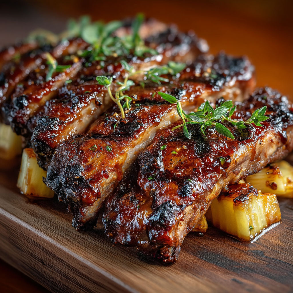 Travers de porc grillés avec des herbes et des rhubarbes.