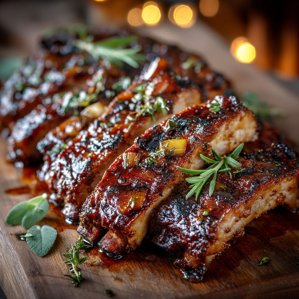 Une plaque de barbecue avec des côtelettes de porc.