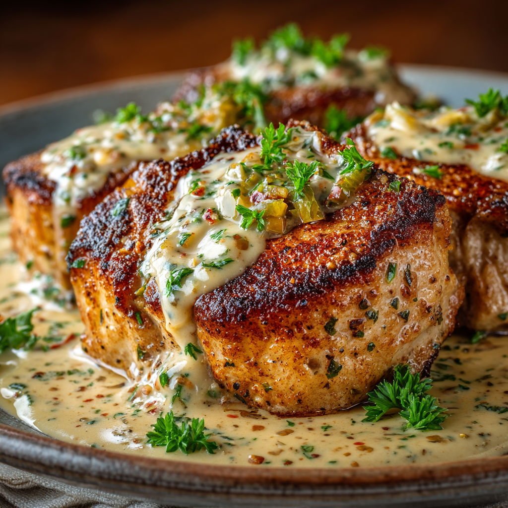 Une image de viande grillée avec une sauce et des herbes.