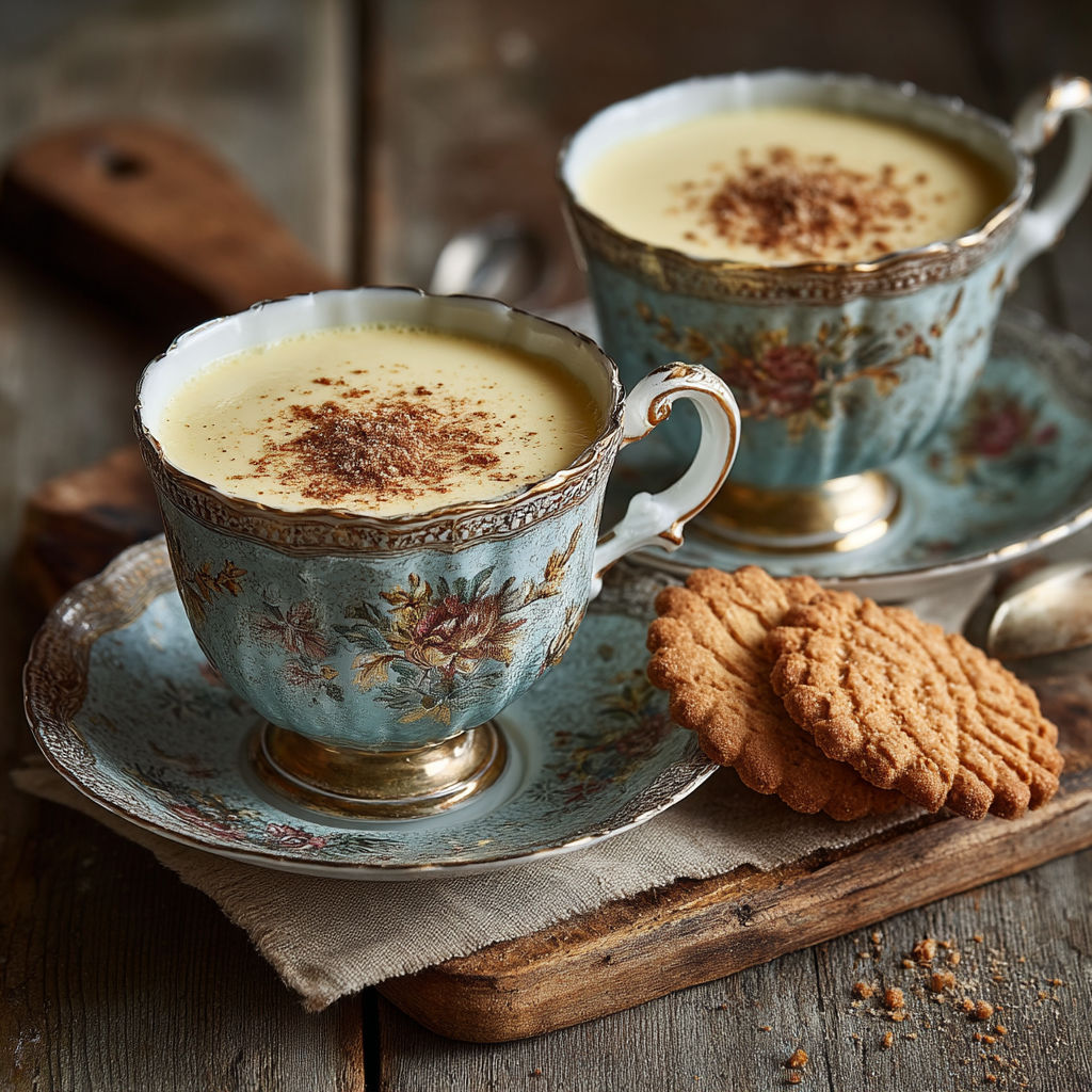 Une tasse de crème caramel et un biscuit.
