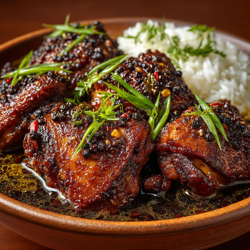 Un plat de poulet avec des herbes et des grains de riz.