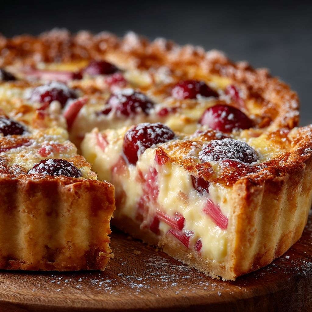 Une tarte rhubarbe cerises est servie sur un plateau.