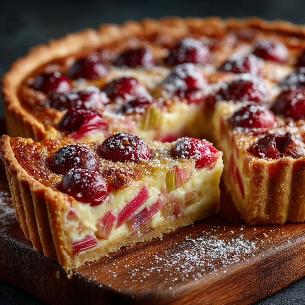 Une tarte aux fruits et au chocolat sur une planche de bois.