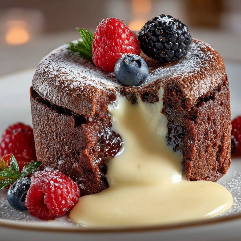 Un gâteau au chocolat avec crème anglaise.