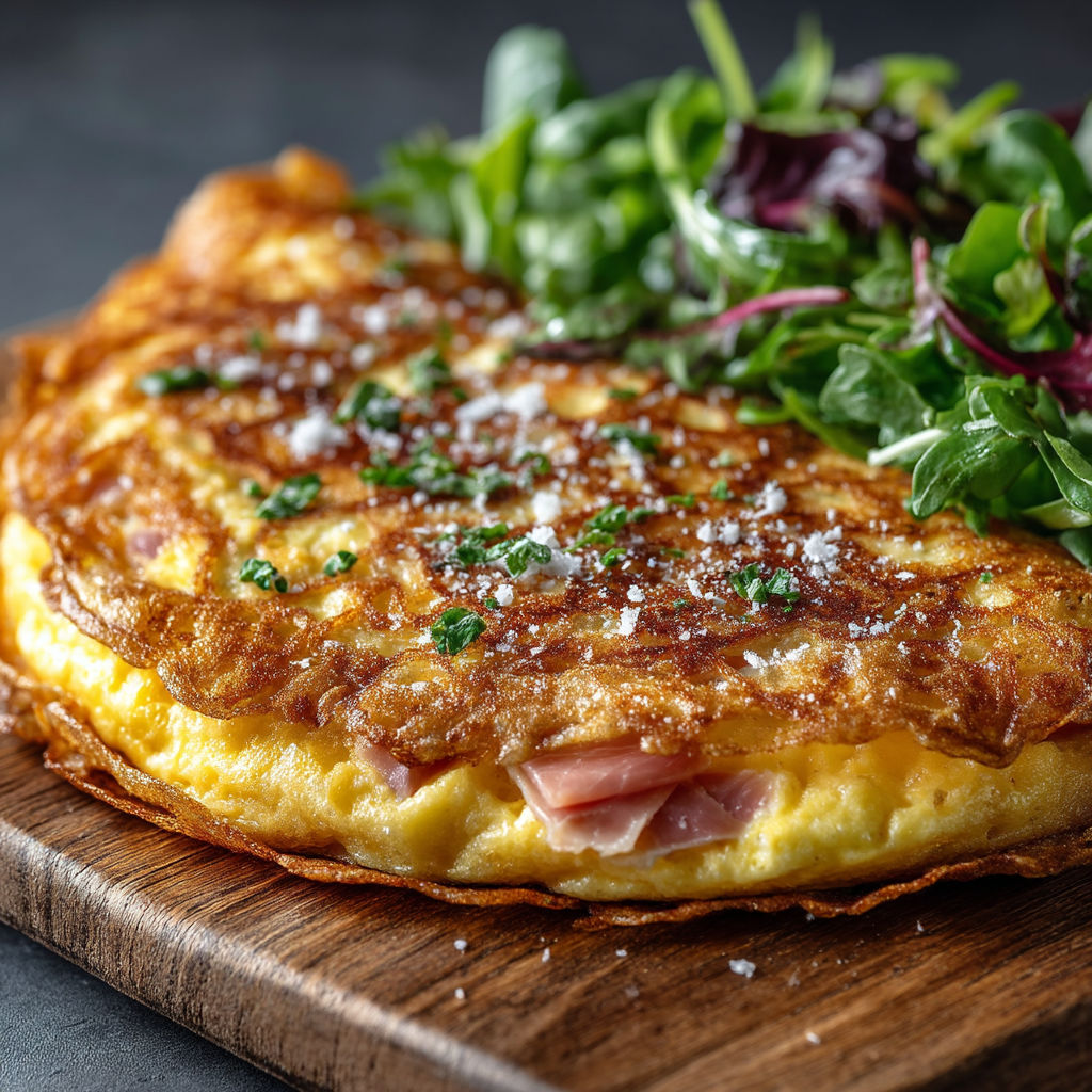 Une galette de riz avec des légumes et du bacon.