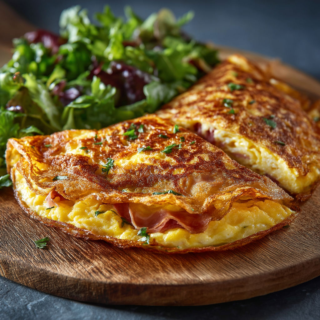 Une salade de laitue et des tomates, avec des omelettes au bacon et des herbes.