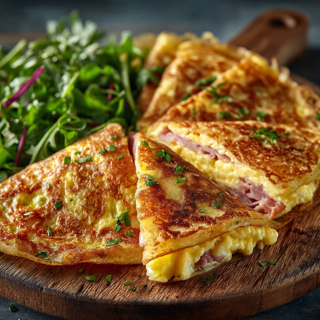 Une tranche de quiche avec des herbes vertes.