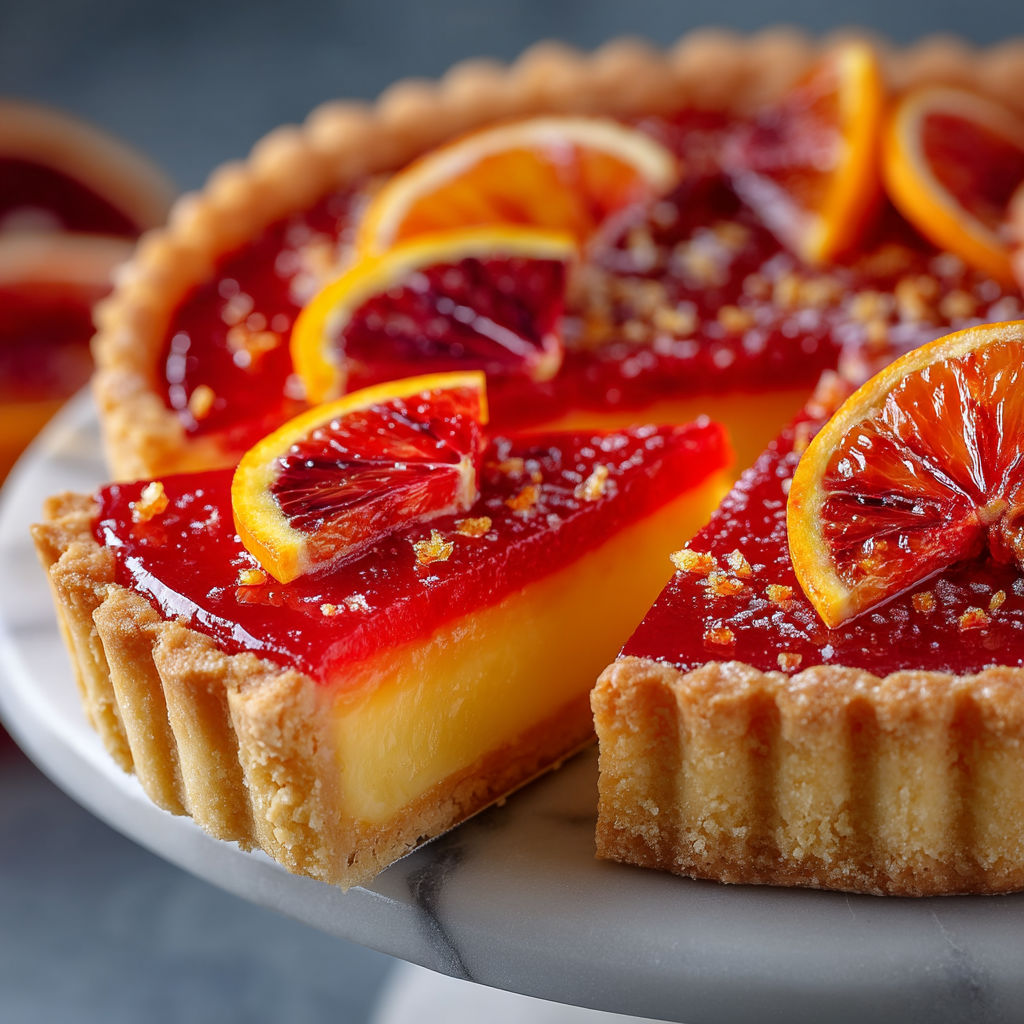 Une tarte aux fruits avec des oranges et des graines de cacao.