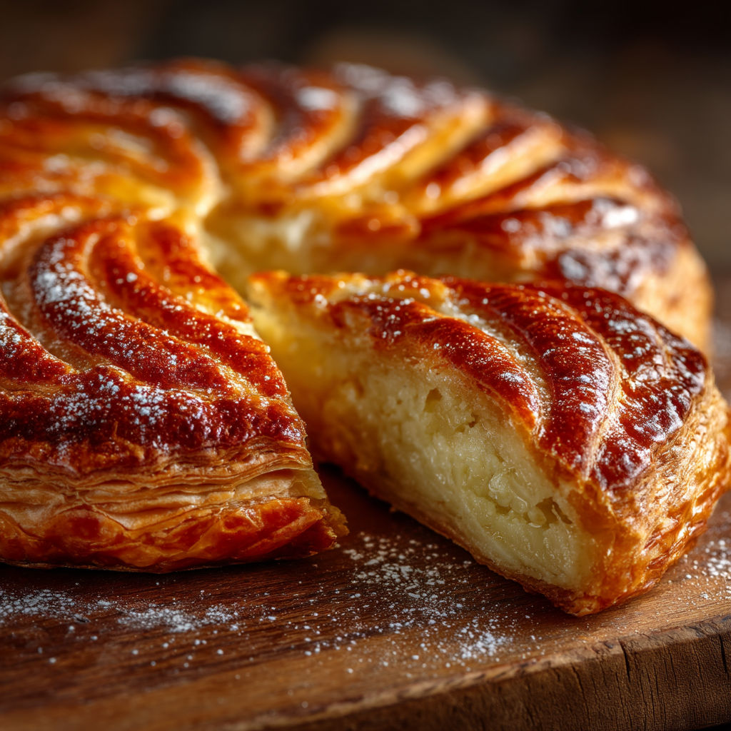 Une tarte aux pommes sur une table de travail.