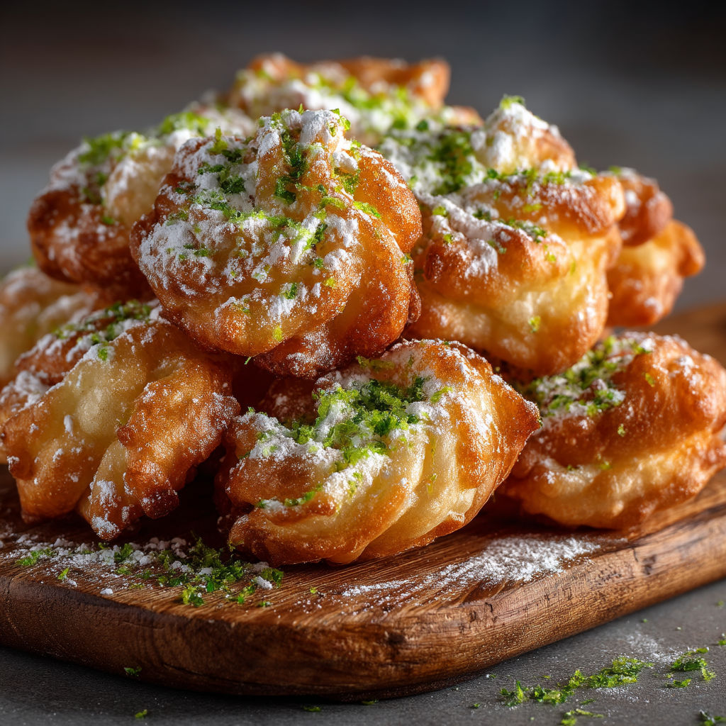 Une pile de bugnes aux agrumes sur une planche.