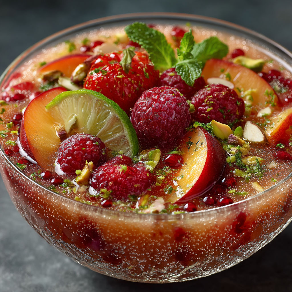 Un plat de fruits avec des fraises, des abricots, des raisins, des amandes et des menthes.