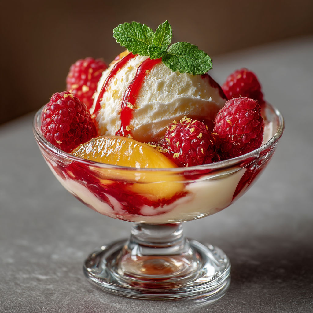 Une tasse de pêche melba provençale avec des fraises et des raspberries.