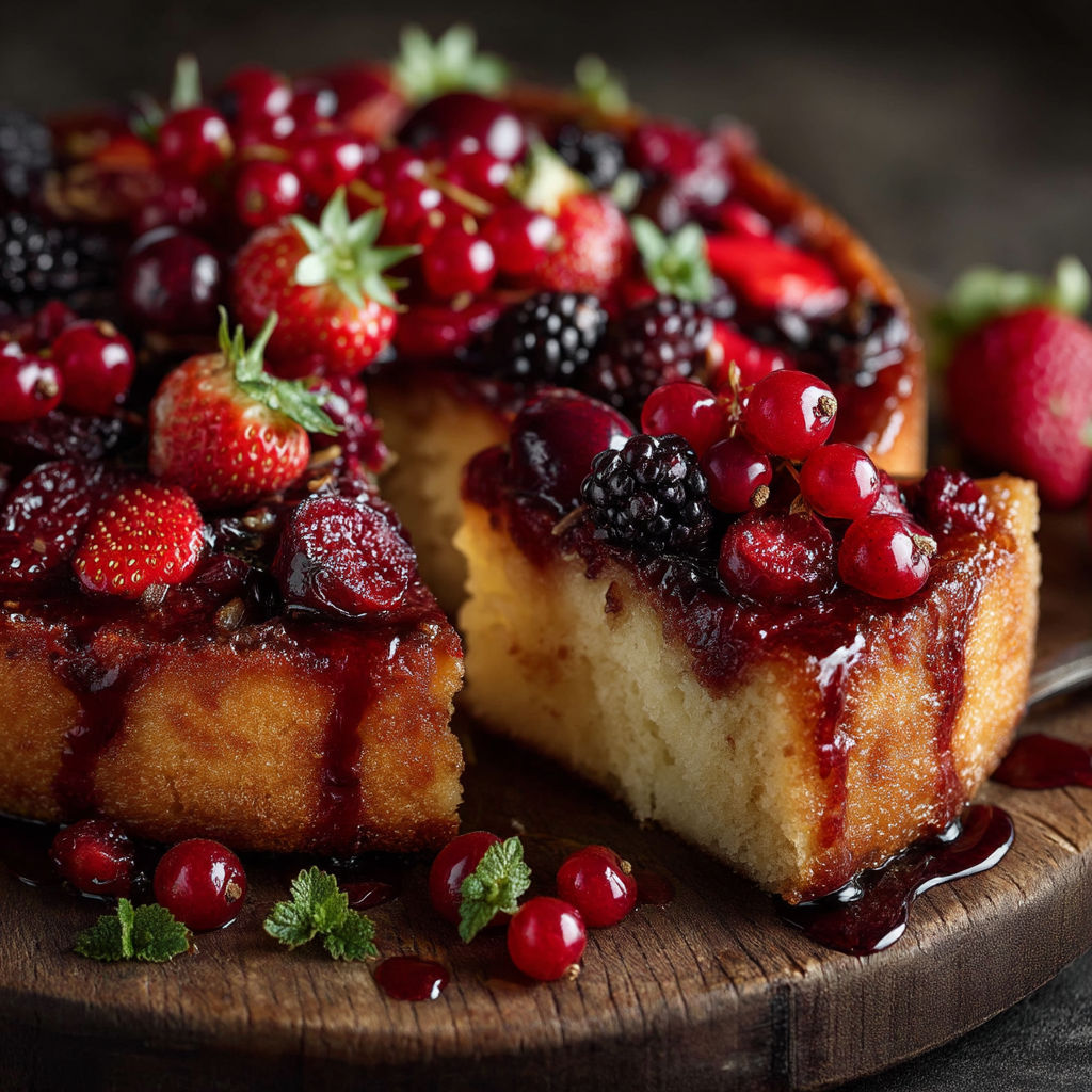 Une portion de gâteau aux fruits rouges et noirs sur une planche.