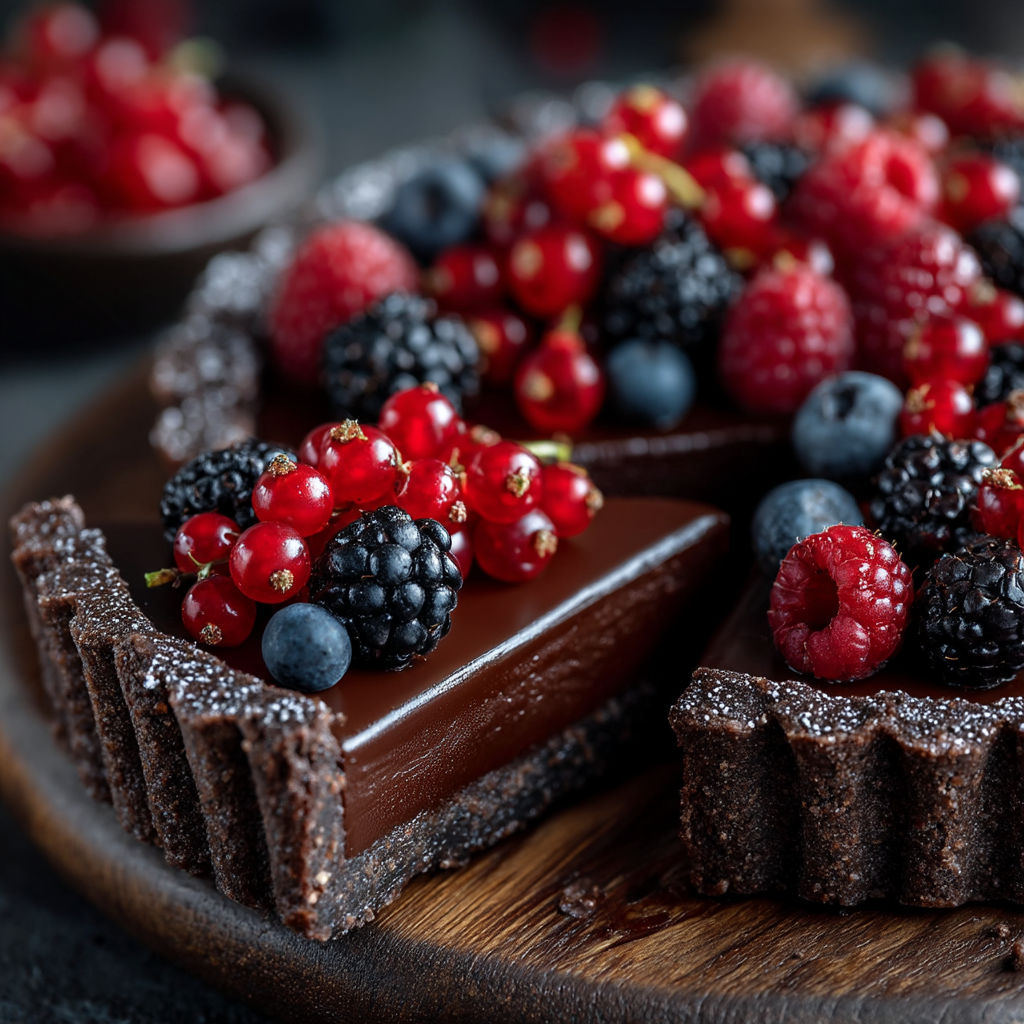 Une tarte aux fruits, avec des fraises, des baies, des framboises et des raspberries, sur un plateau.