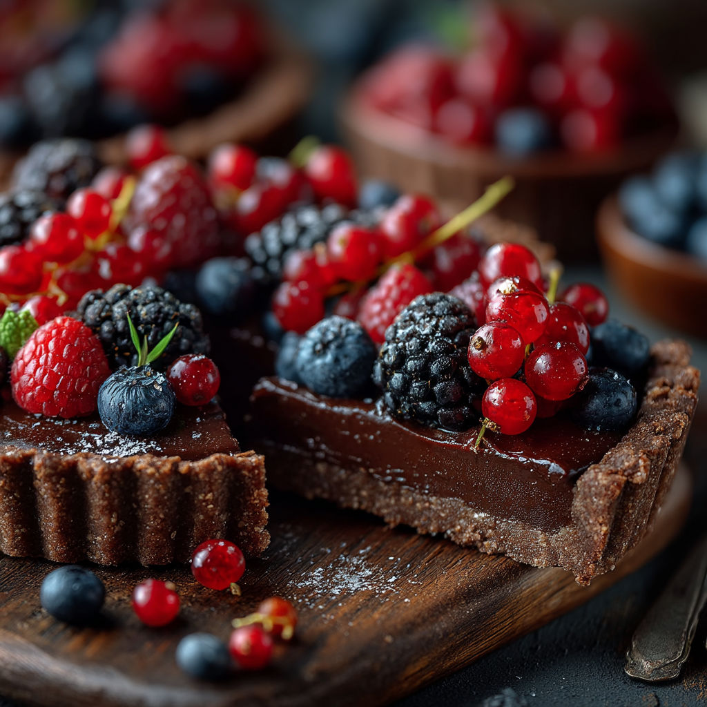 Une tarte aux fruits et chocolat sur une table.