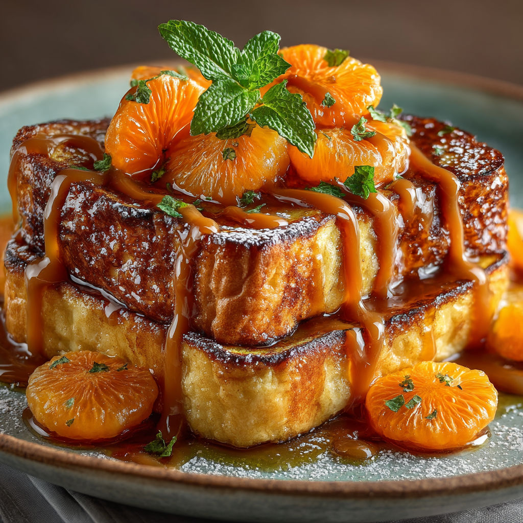 Une brioche façon pain perdu avec des clémentines sur le dessus.