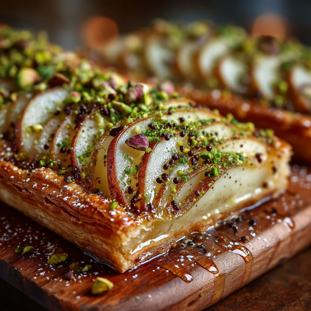 Une tarte aux poires, grué et pistache, sur une planche de bois.